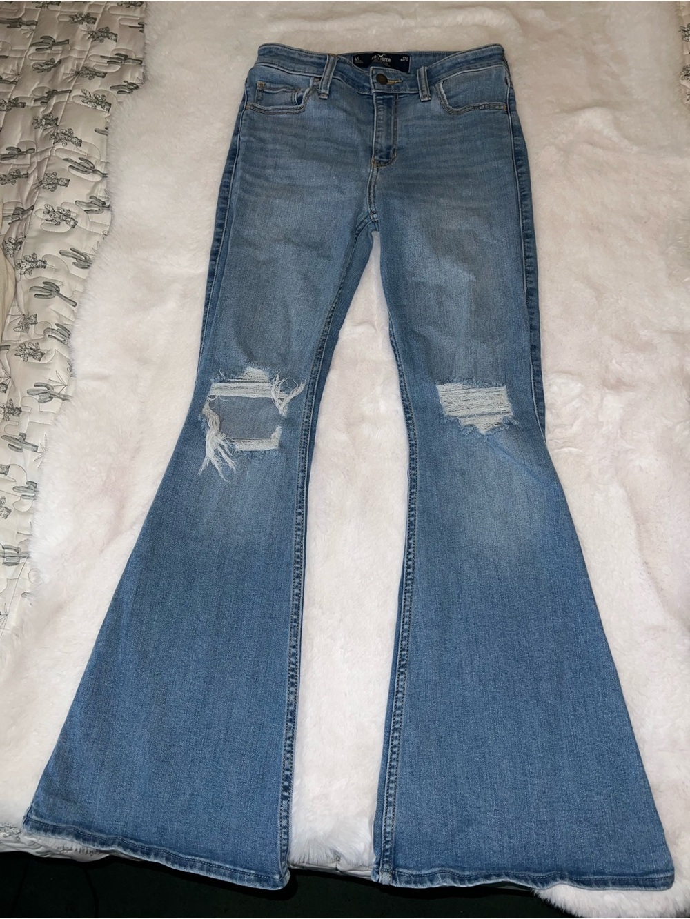 Hollister Medium Blue Ripped Flare Jeans - Wide Leg